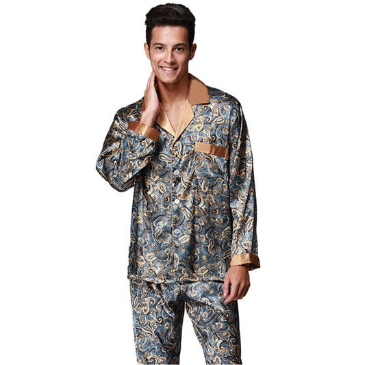 Luxury Paisley Pattern Sleepwear Long Sleeved Silk Satin Pyjama Set