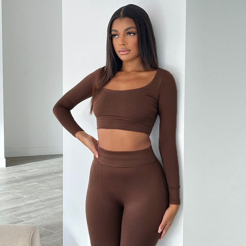 New Classic Two Piece Set Women Fall Low Neck Crop Tops+Skinny Pencil Pants Matching Outfit Female Solid Casual Tracksuit 2022