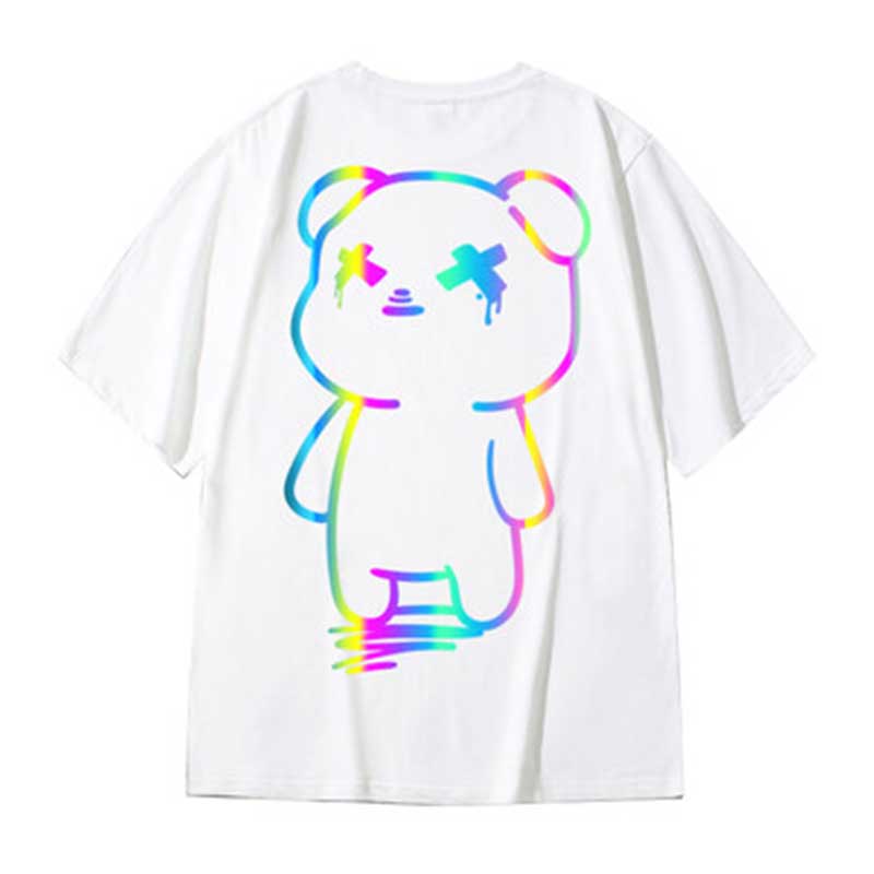 Oversize t shirts Cartoon Bear Print Reflective Rainbow T Shirts Harajuku Streetwear Top Tees Cotton Casual Half Sleeve Clothing