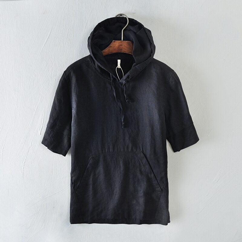 Hooded Short Sleeve T-Shirt for Men 100% Linen Solid Casual Tops Spring and Summer New Male Tees 2021 New Thin Clothes