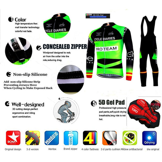 Cycle-Diaries Cycling Jerseys Set 5D Gel Padded Pro Team Winter Windproof Cycling Clothing Thermal Fleece Coat Cycling Suits