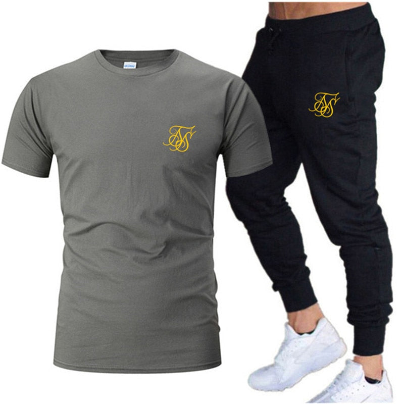 Summer Fashion Leisure SikSilk brand Men's Set Tracksuit Sportswear Track Suits Male Sweatsuit Short Sleeves T shirt 2 piece set