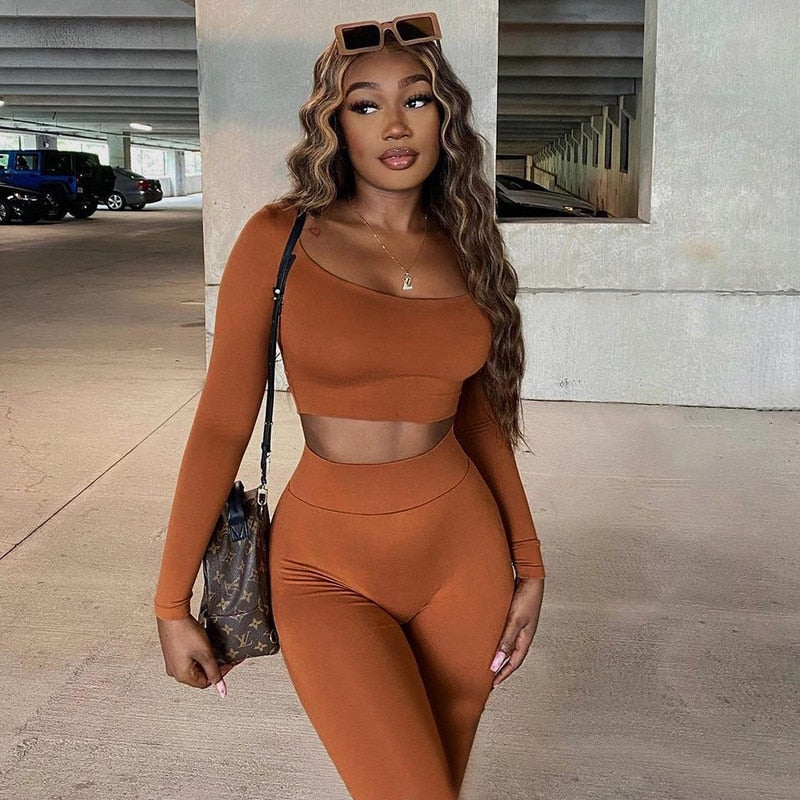 New Classic Two Piece Set Women Fall Low Neck Crop Tops+Skinny Pencil Pants Matching Outfit Female Solid Casual Tracksuit 2022