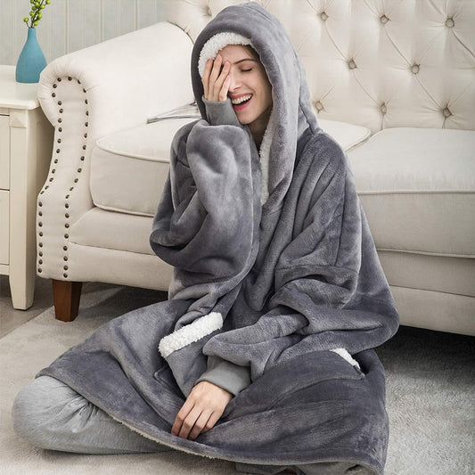 Winter Warm Fleece Wearable Hooded Blanket Fluffy TV Blanket Hoodie