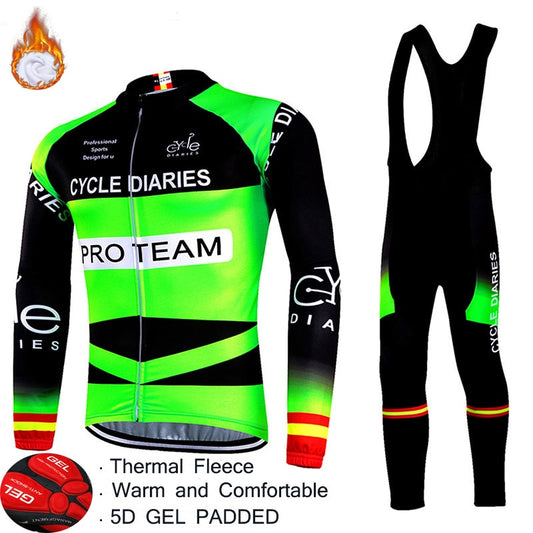 Cycle-Diaries Cycling Jerseys Set 5D Gel Padded Pro Team Winter Windproof Cycling Clothing Thermal Fleece Coat Cycling Suits