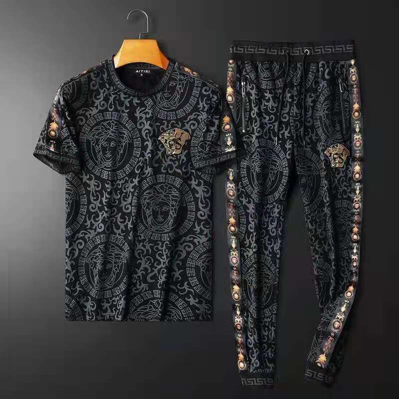 Summer Men Soil leisure Short Sleeve Shorts Sport Fashion Suit European And American Trend letter Print Round Collar Suit