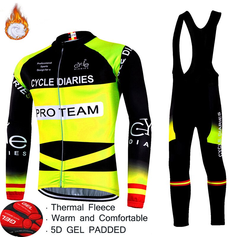 Cycle-Diaries Cycling Jerseys Set 5D Gel Padded Pro Team Winter Windproof Cycling Clothing Thermal Fleece Coat Cycling Suits