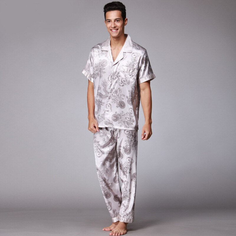 Luxury Paisley Pattern Sleepwear Long Sleeved Silk Satin Pyjama Set