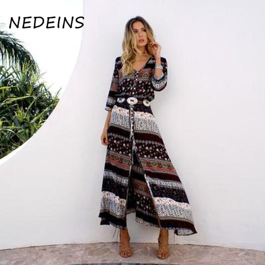 NEDEINS Summer Women Boho Beach Dress Floral Print Long Maxi Dresses Woman Party Night Elegant Dress Sundress 2020