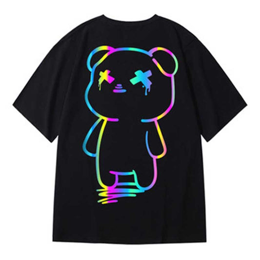 Oversize t shirts Cartoon Bear Print Reflective Rainbow T Shirts Harajuku Streetwear Top Tees Cotton Casual Half Sleeve Clothing