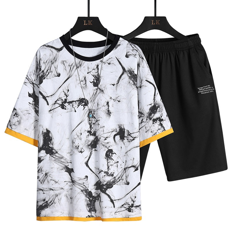 Men's Sets Summer Trend Print Short Sleeve Set 2021 New Classic O-Neck T-Shirt Shorts Tracksuit Men Casual Outfit 2 Piece Suit