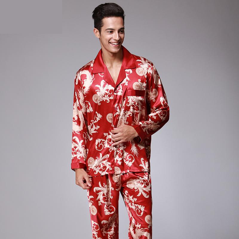 Men's Long Sleeves Silk Satin Pyjama Set