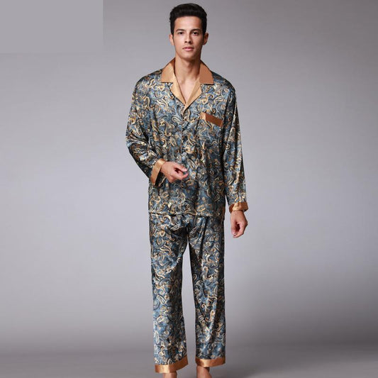 Luxury Paisley Pattern Sleepwear Long Sleeved Silk Satin Pyjama Set