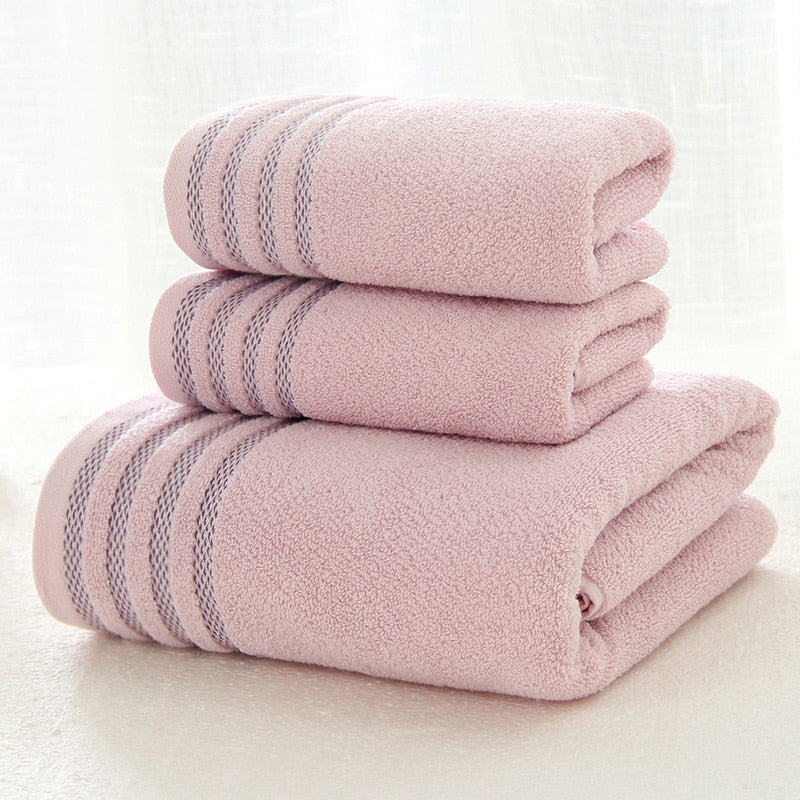 New Stripe Cotton Towel Bath Towel of Three Sets Solid Color Thicken Bathroom Towels Set