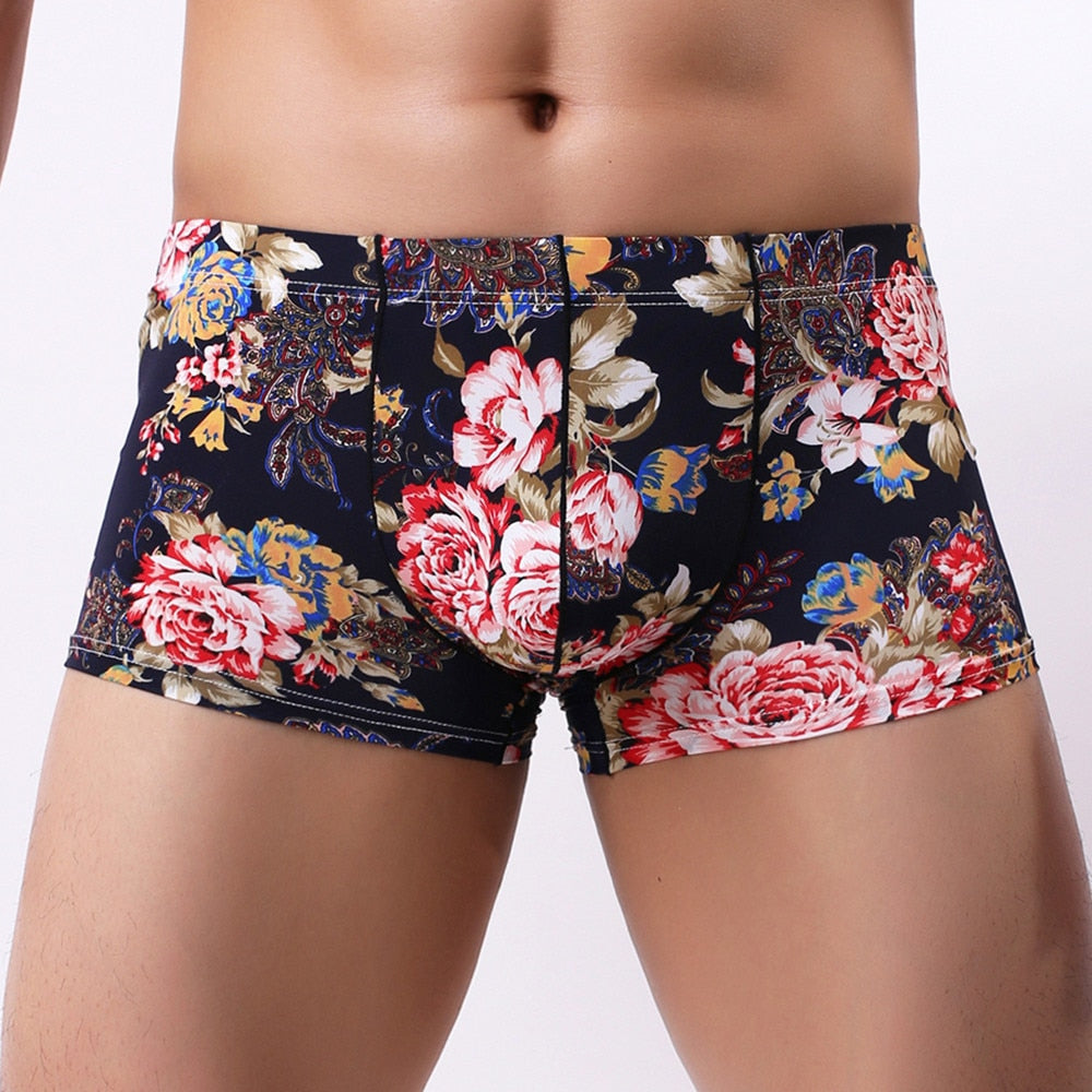 Brand Boxer Men Cueca Flower Print Boxer Shorts Bulge Pouch Underpants Gay Underwear Mens Underwear Boxers Mens Knickers