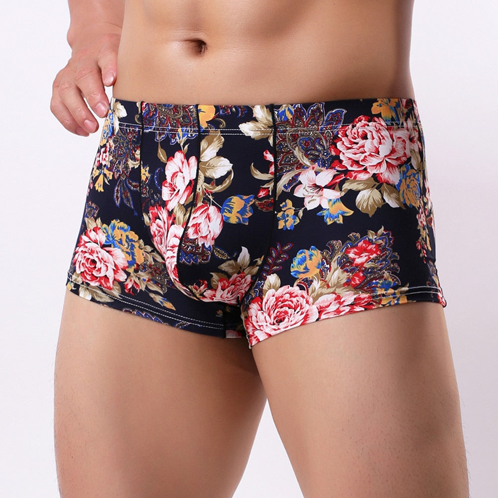 Brand Boxer Men Cueca Flower Print Boxer Shorts Bulge Pouch Underpants Gay Underwear Mens Underwear Boxers Mens Knickers