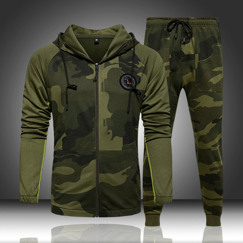 Camo Men Tracksuit Hooded Outerwear Hoodie 2 Piece Set