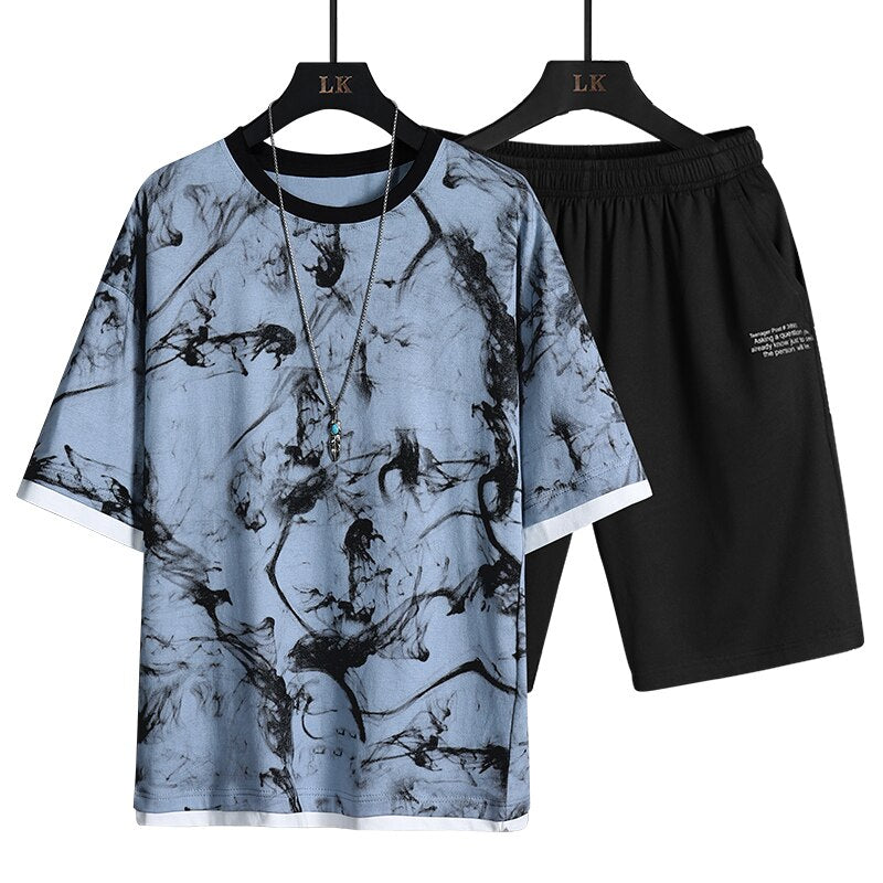 Men's Sets Summer Trend Print Short Sleeve Set 2021 New Classic O-Neck T-Shirt Shorts Tracksuit Men Casual Outfit 2 Piece Suit