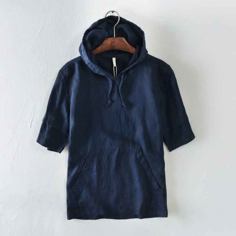 Hooded Short Sleeve T-Shirt for Men 100% Linen Solid Casual Tops Spring and Summer New Male Tees 2021 New Thin Clothes