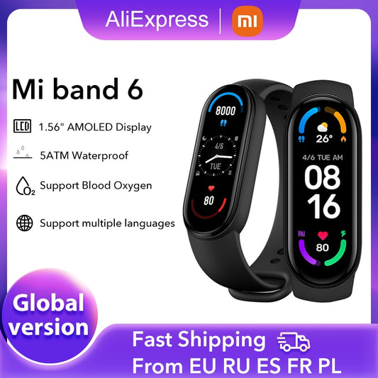 Global Version Xiaomi Mi Band 6 Smart Bracelet 1.56"AMOLED Screen miBand 6 Heart Rate Fitness Traker Bluetooth 5 ATM Waterproof