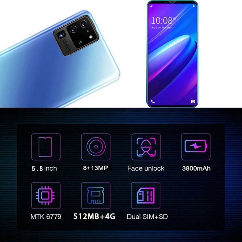 S20 Pro Smartphone 5.8 Inch Screen Smartphone 512M+4G Android Smartphone 3D Glass Plated Back Cover Blue