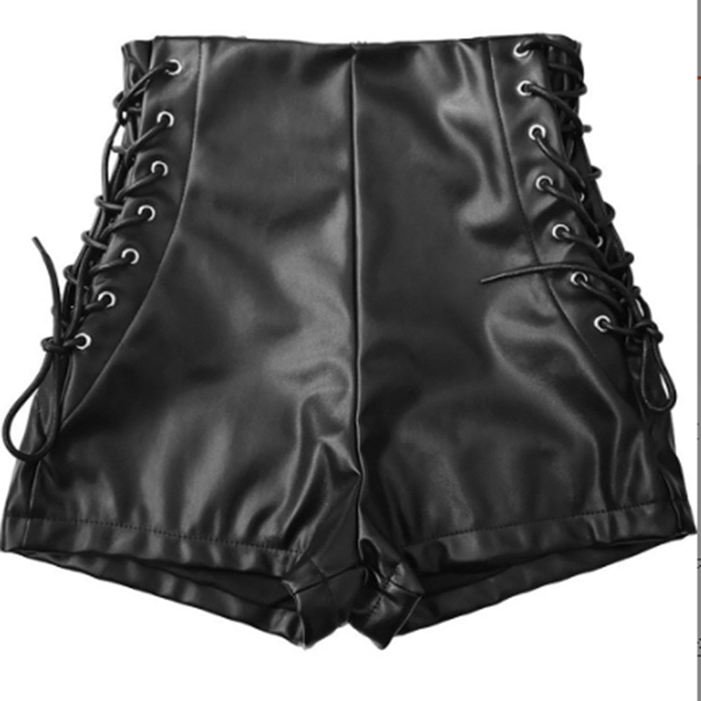 Women Sexy Faux Leather High Waist  Black Shorts