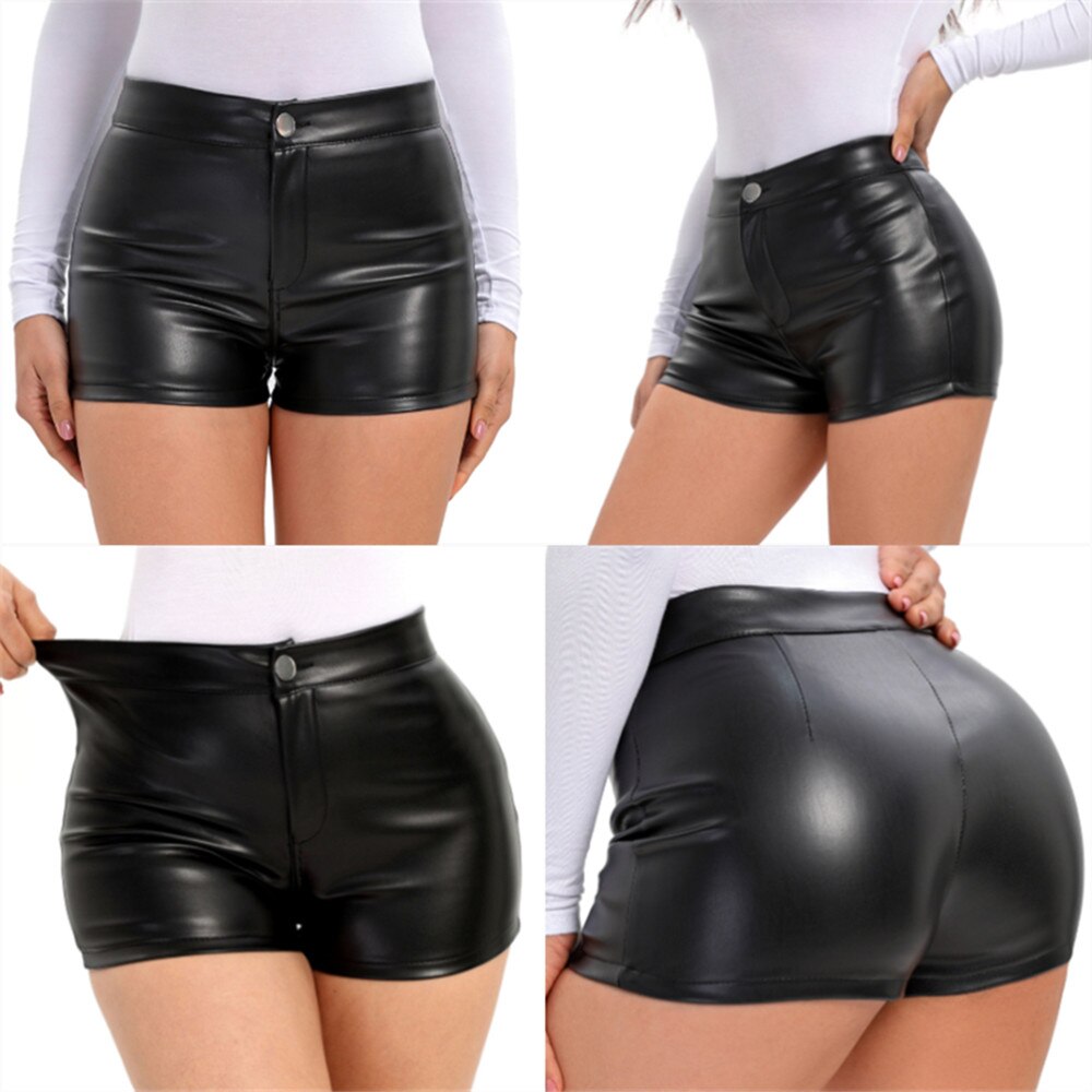 Women Sexy Faux Leather High Waist  Black Shorts