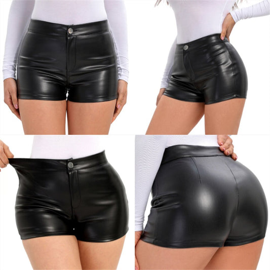 Women Sexy Faux Leather High Waist  Black Shorts