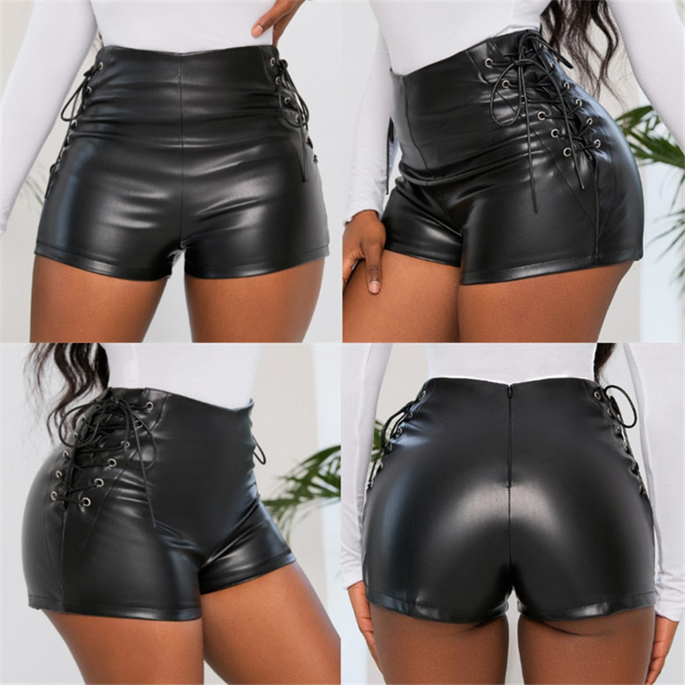 Women Sexy Faux Leather High Waist  Black Shorts