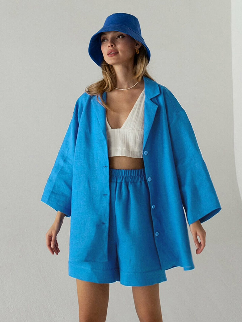 Arthurs Women's Loose Fit Solid Blue Linen Two Piece Set