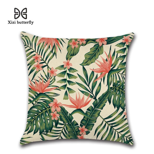 Tropical Plants Palm Leaf Green Leaves Monstera Cushion Covers Hibiscus Flower Cushion Cover Decorative Beige Linen Pillow Case