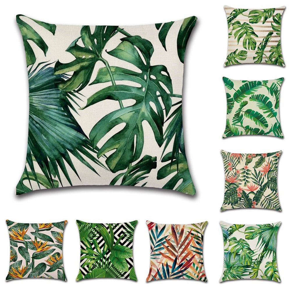 Tropical Plants Palm Leaf Green Leaves Monstera Cushion Covers Hibiscus Flower Cushion Cover Decorative Beige Linen Pillow Case