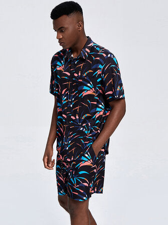 Mens Holiday Colorful Plant PatternTwo Piece Outfits Short Sleeve Shirts