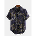 Cotton Peacock Feather Floral Print Casual Short Sleeve Shirts