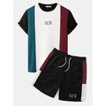 Mens Knitted Letter Print Patchwork Crew Neck Shirts Shorts Two Pieces Outfits