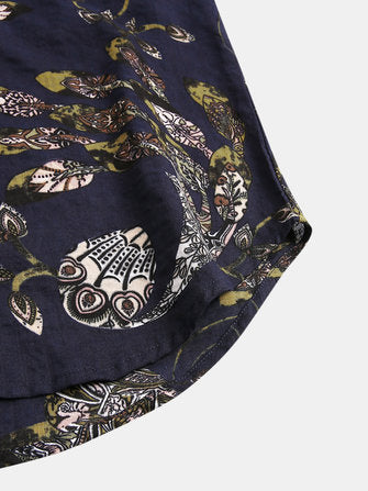 Cotton Peacock Feather Floral Print Casual Short Sleeve Shirts