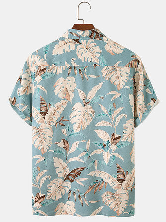 Hawaii Casual Men Plant Print Lapel Collar Short Sleeve Shirts