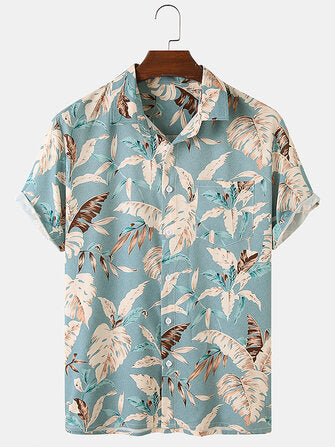 Hawaii Casual Men Plant Print Lapel Collar Short Sleeve Shirts