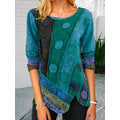 Women Ethnic Print Asymmetrical Hem O-Neck Corduroy Plus Size Blouse