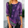 Women Ethnic Print Asymmetrical Hem O-Neck Corduroy Plus Size Blouse