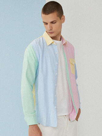 Mens Contrast Color Patchwork Chest Pocket Long Sleeve Shirts