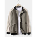 Mens Contrast Patchwork Applique Cotton Baseball Collar Casual Jackets With Snap-Button