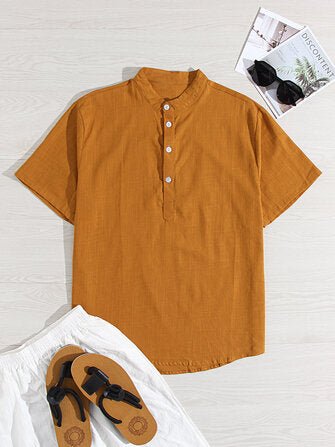 Mens Cotton linen Breathable Solid Color Short Sleeve Henley Shirts
