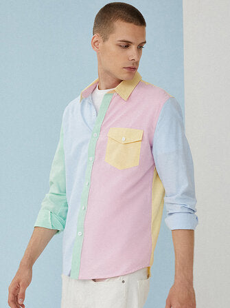 Mens Contrast Color Patchwork Chest Pocket Long Sleeve Shirts