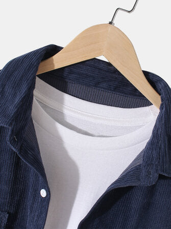 Mens Colorblock Patchwork Button Up Corduroy Lapel Shirts With Pocket