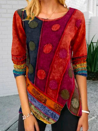 Women Ethnic Print Asymmetrical Hem O-Neck Corduroy Plus Size Blouse