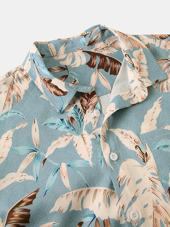 Hawaii Casual Men Plant Print Lapel Collar Short Sleeve Shirts