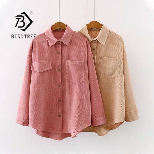 New Women Solid Corduroy Batwing Sleeve Vintage Blouse Turn-Down Collar Loose Top Button Up Pink Shirt Feminina Blusa T9D609T