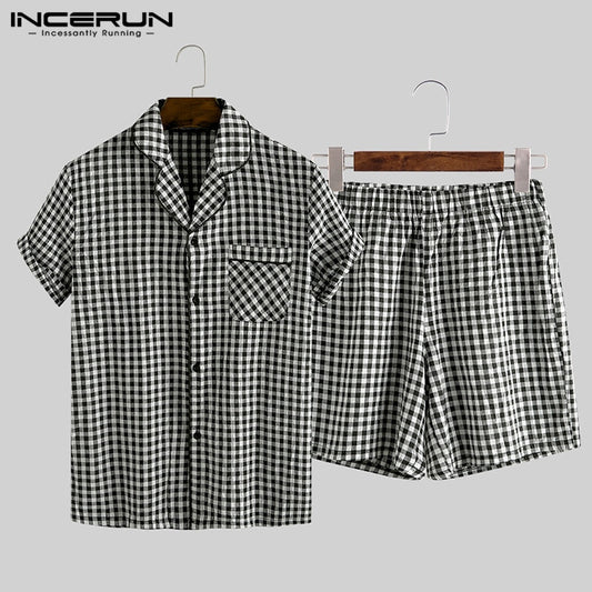 Summer Mens Pajamas Sets Plaid Lapel Cotton Button Short Sleeve Sleepwear Tops Shorts Soft Unisex Pyjamas Suit Homewear INCERUN