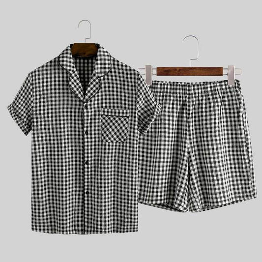 Summer Mens Pajamas Sets Plaid Lapel Cotton Button Short Sleeve Sleepwear Tops Shorts Soft Unisex Pyjamas Suit Homewear INCERUN